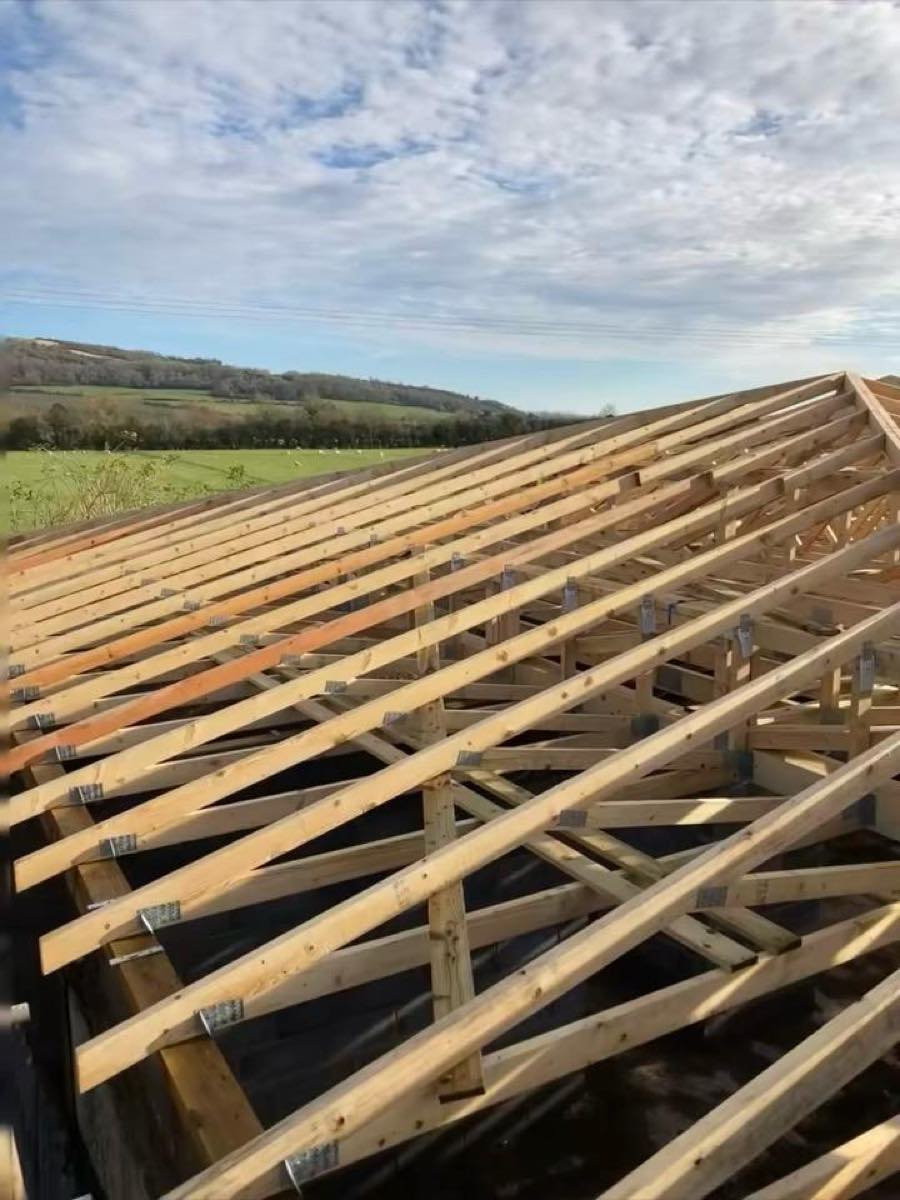 Cut rafters, purlins and diagonal bracing seated on galvanised hangers, before felt and battens